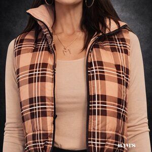 ChickMe Plaid Cropped Puffer Vest Medium Brown Tan Zip Up Quilted Jacket